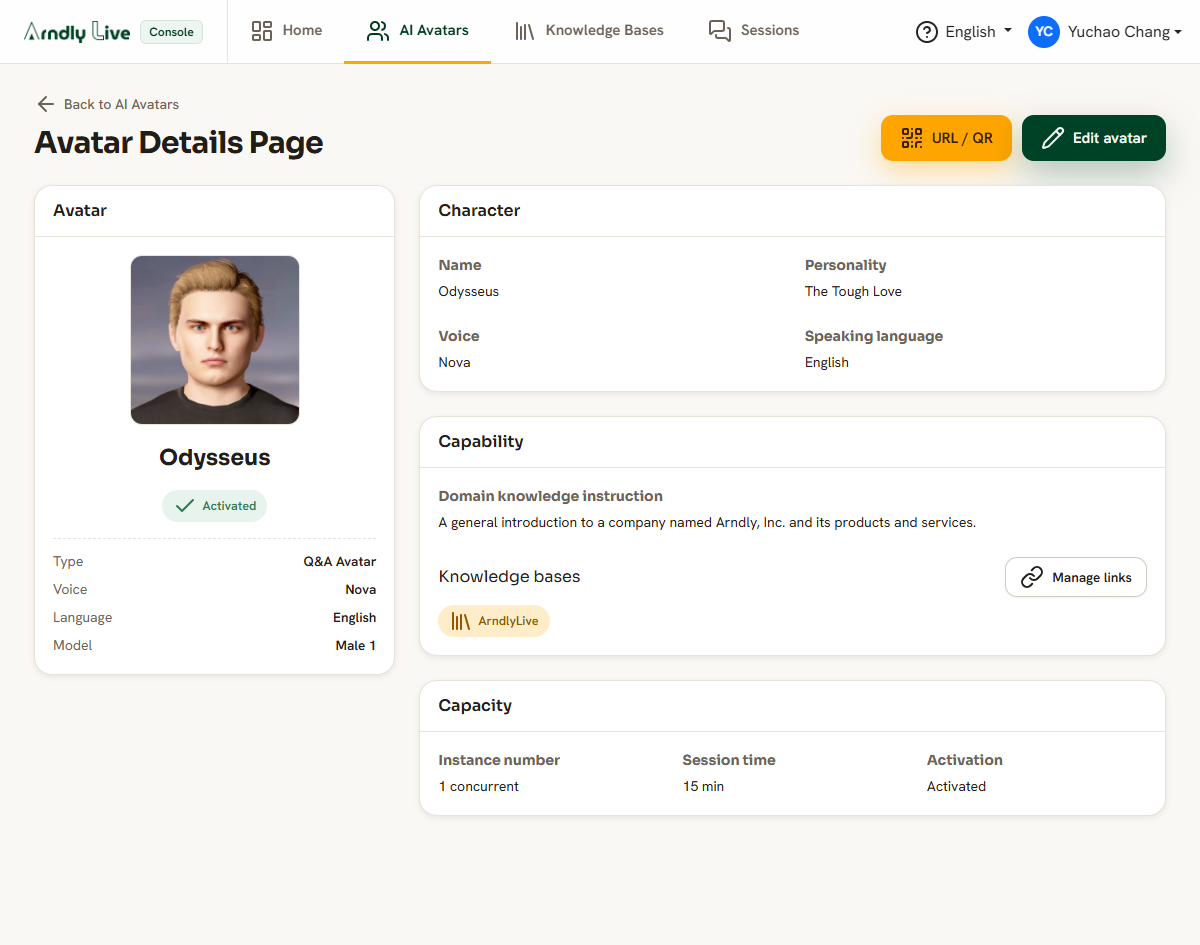 The avatar details page showing settings and linked knowledge.