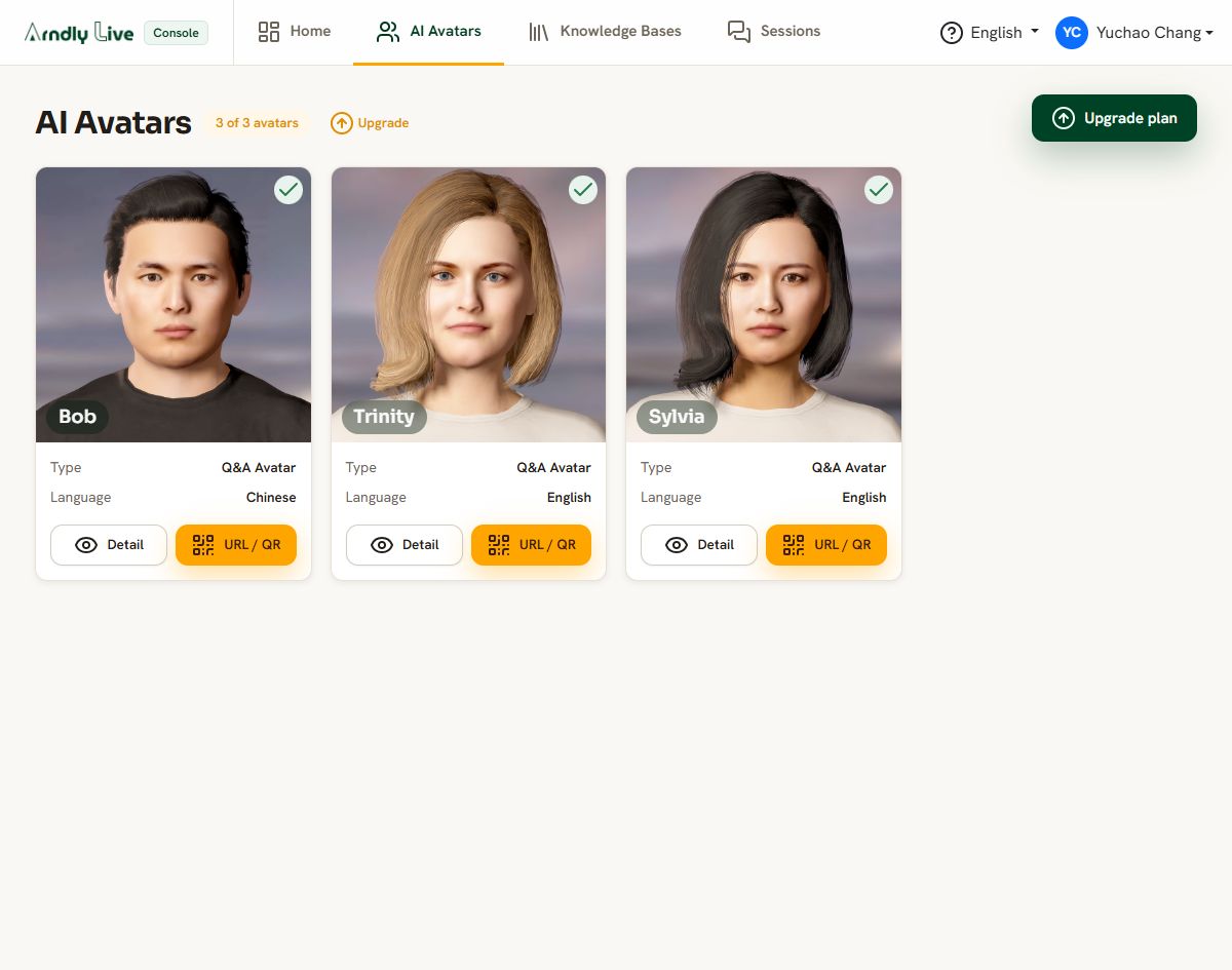 The AI Avatars page with the top navigation tabs.