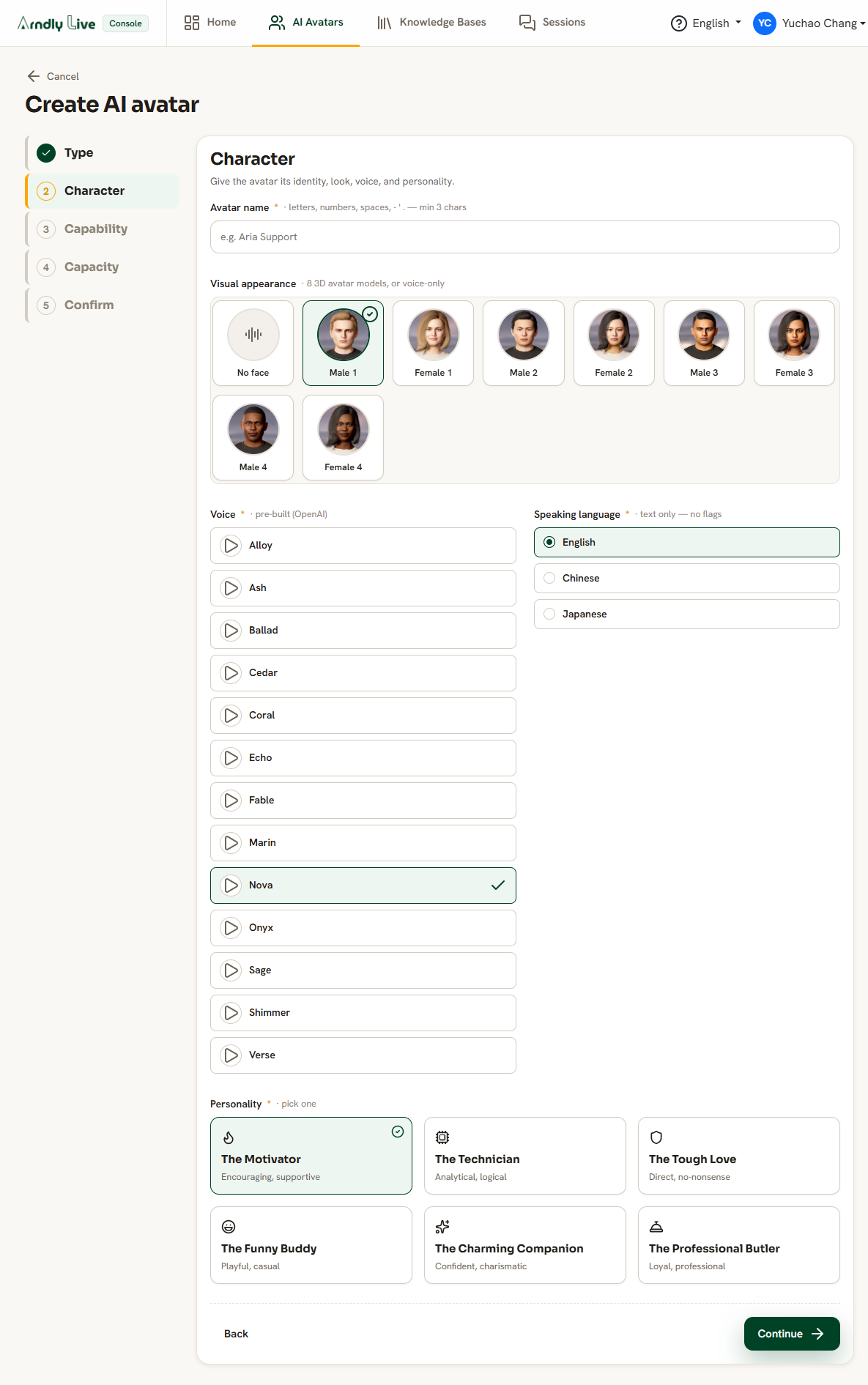 Step 2 of the wizard: name, face picker, and voice selection.