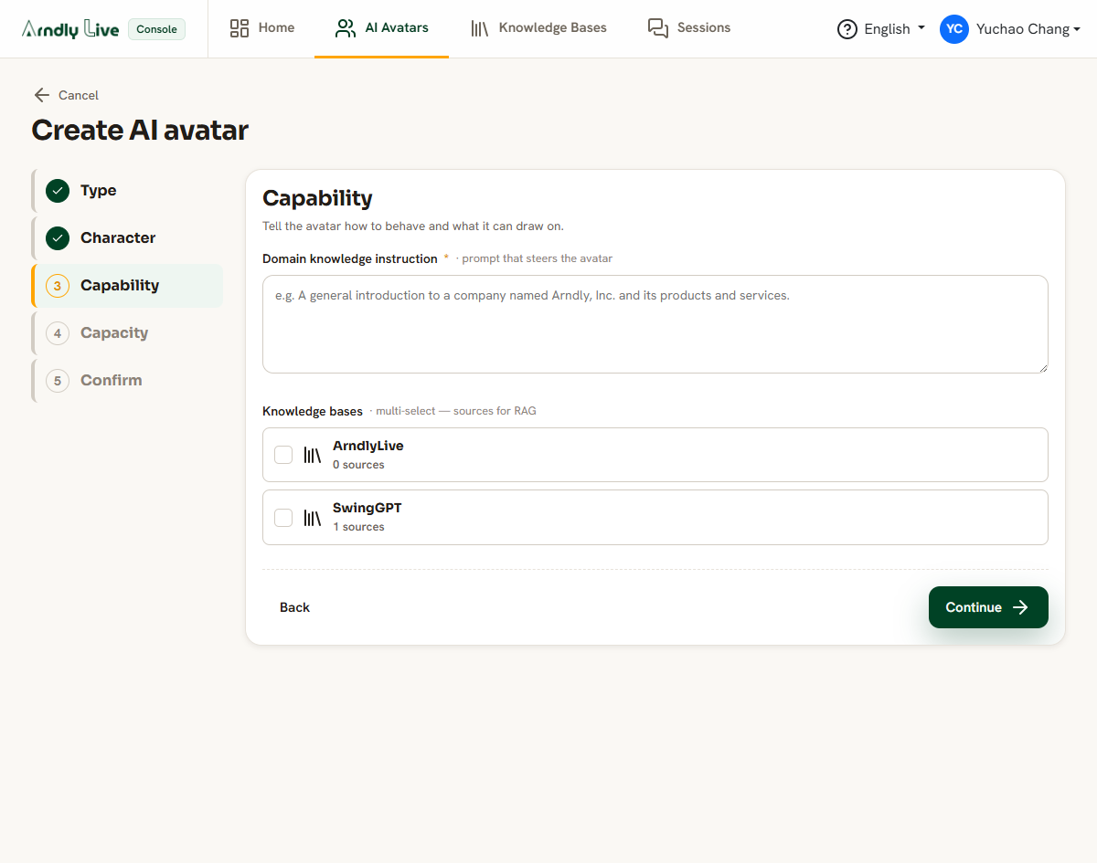 Step 3 of the wizard: linking knowledge bases to the avatar.