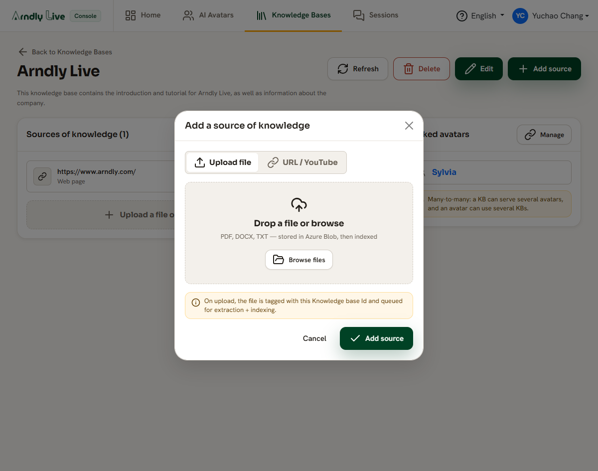The add-source dialog with file, web page, and YouTube tabs.