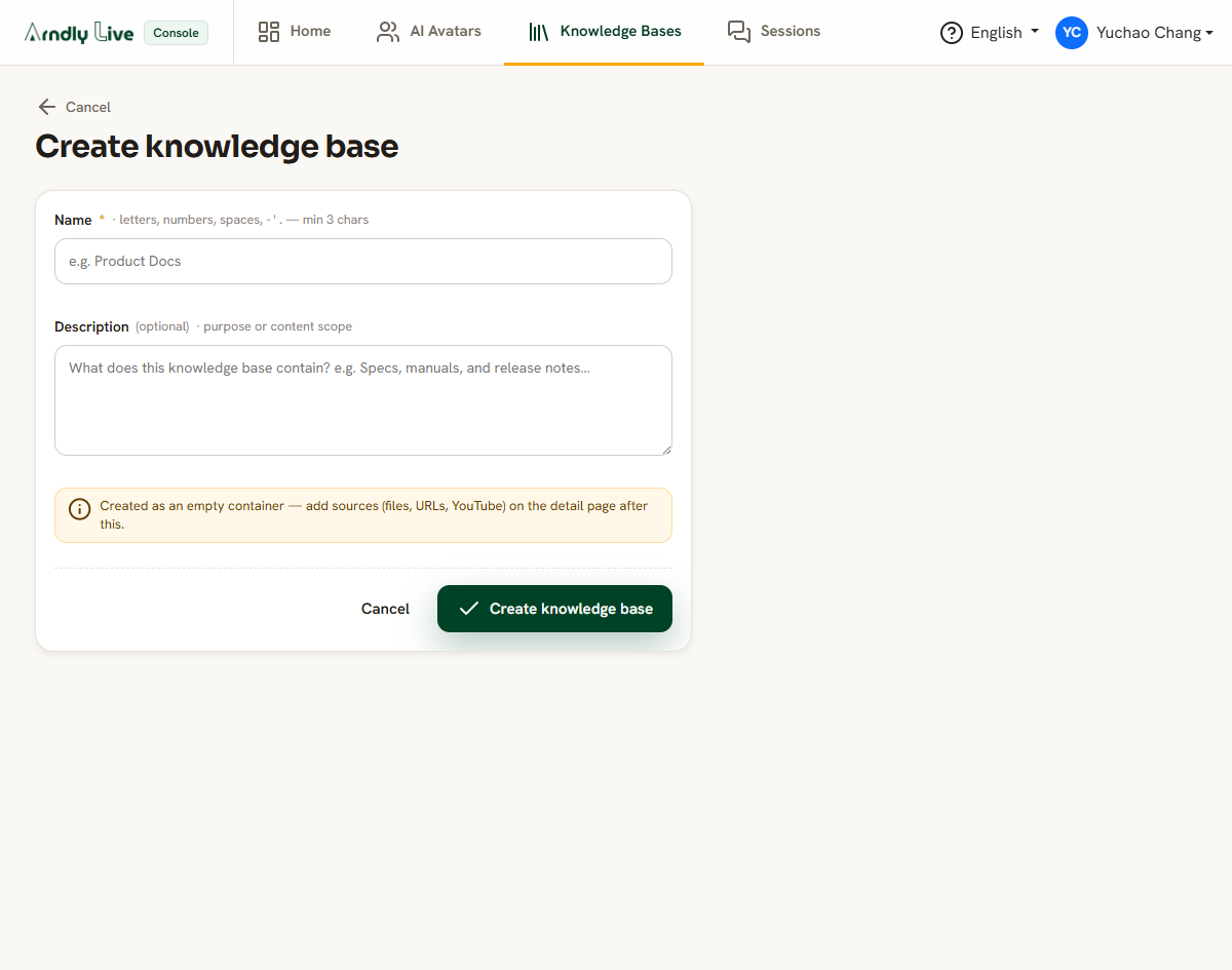 Creating a knowledge base with a name and description.
