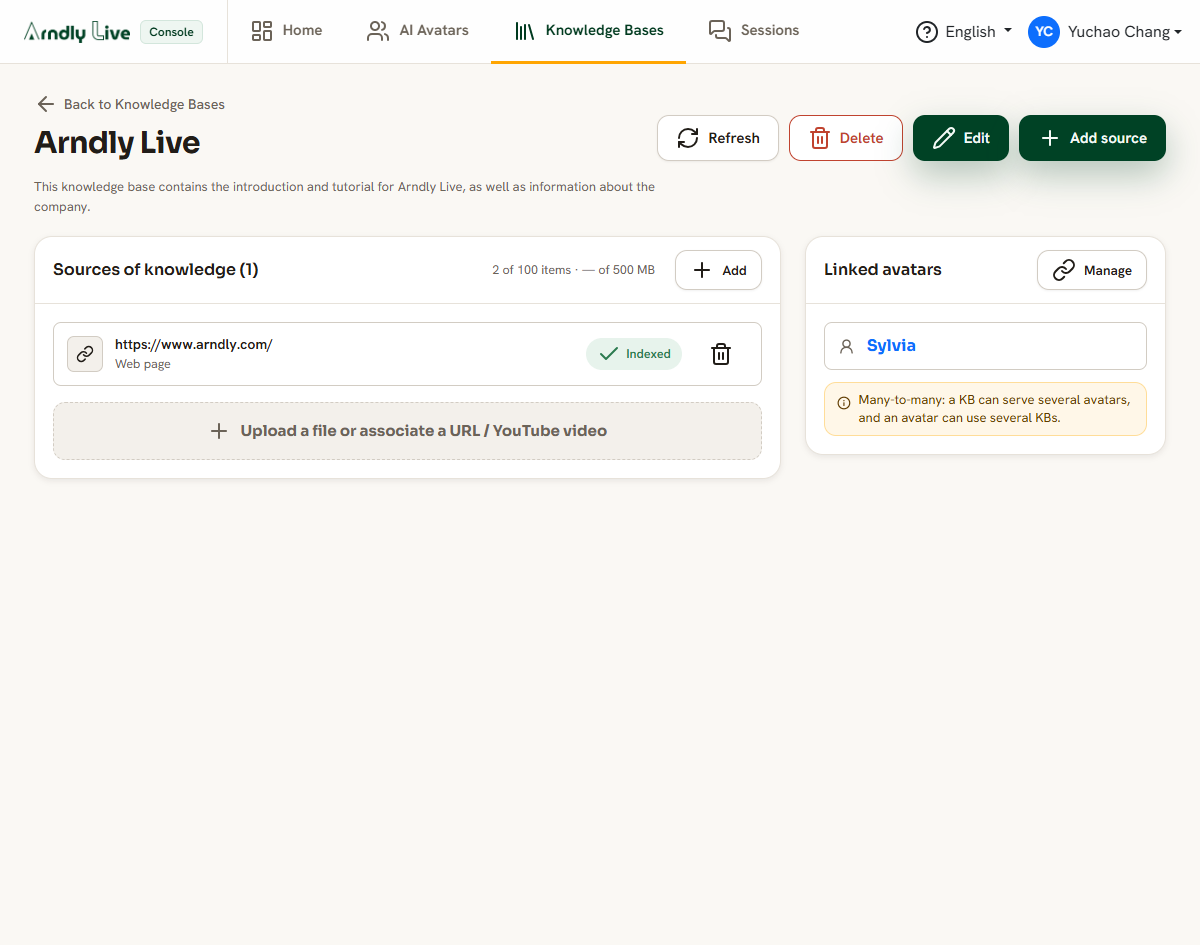 A knowledge base with its sources and their indexing status.