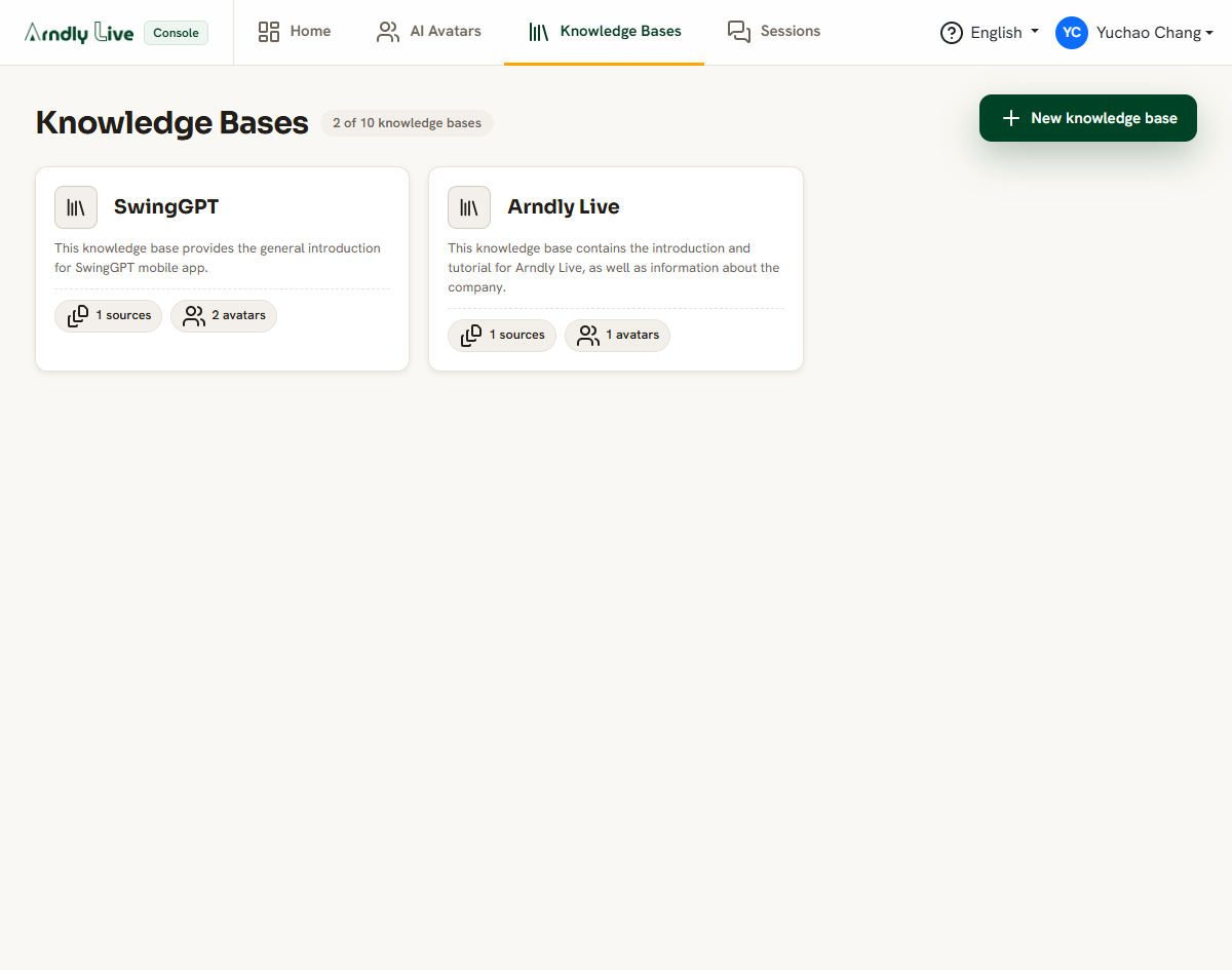 The Knowledge Bases page listing all of your knowledge bases.