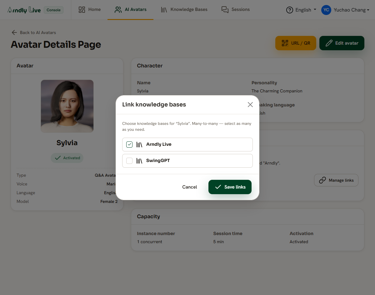 The dialog for linking an avatar to knowledge bases.