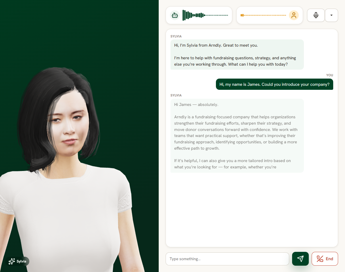 A live conversation in progress with the 3D avatar and transcript.