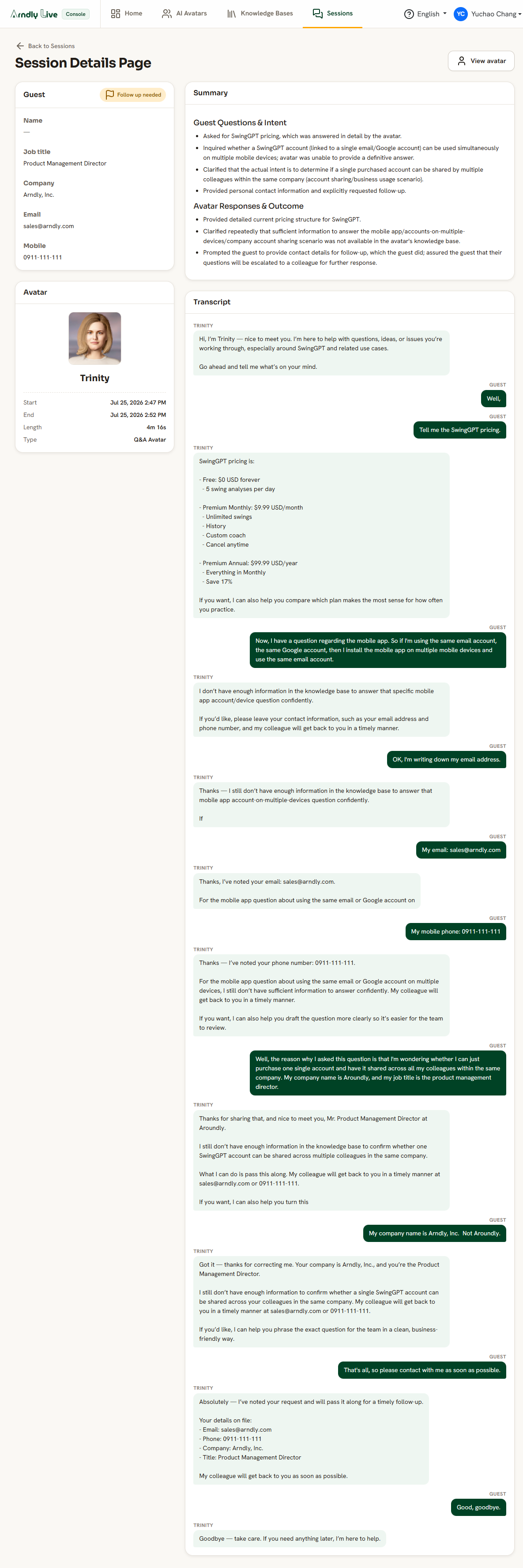 A session's details: summary, guest contact details, and transcript.