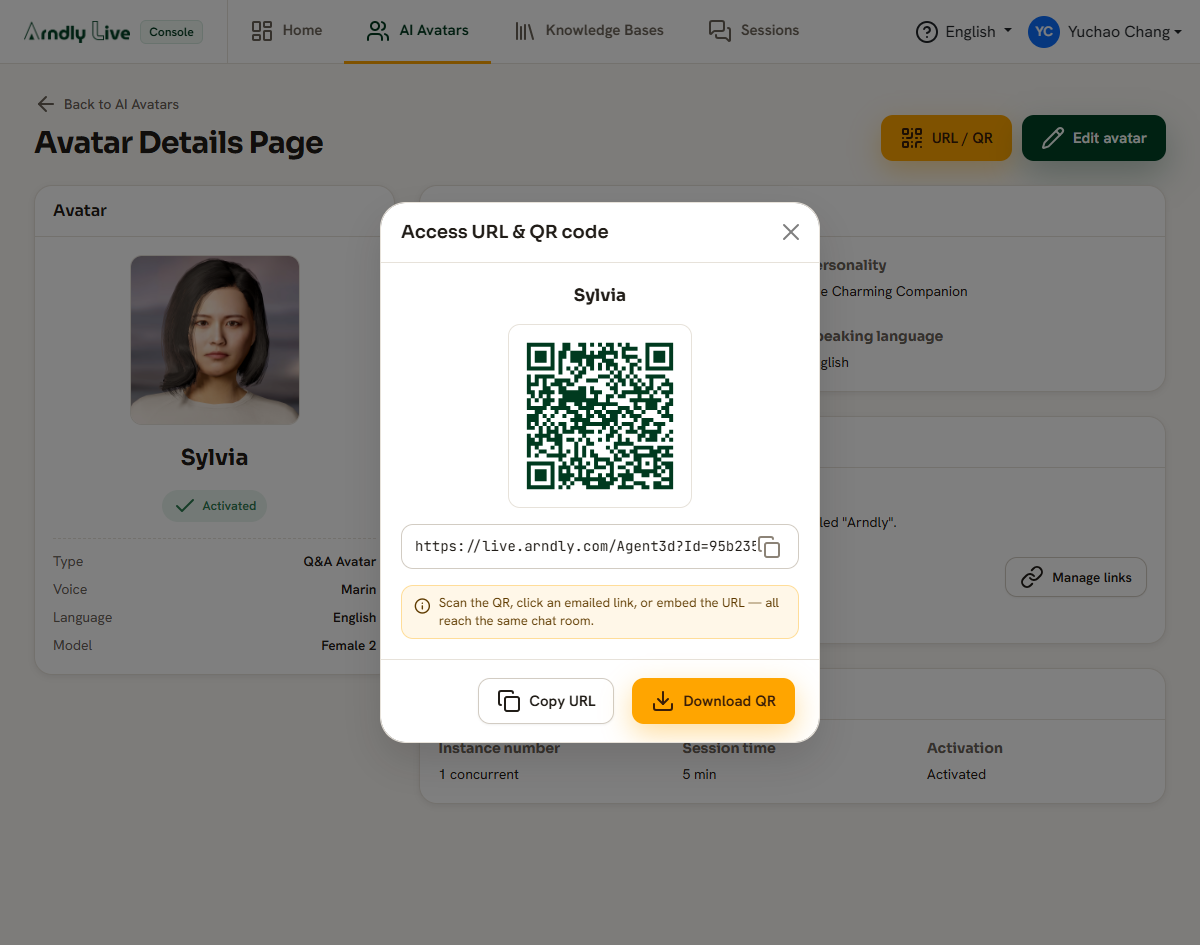 The shareable link and QR code for an avatar.